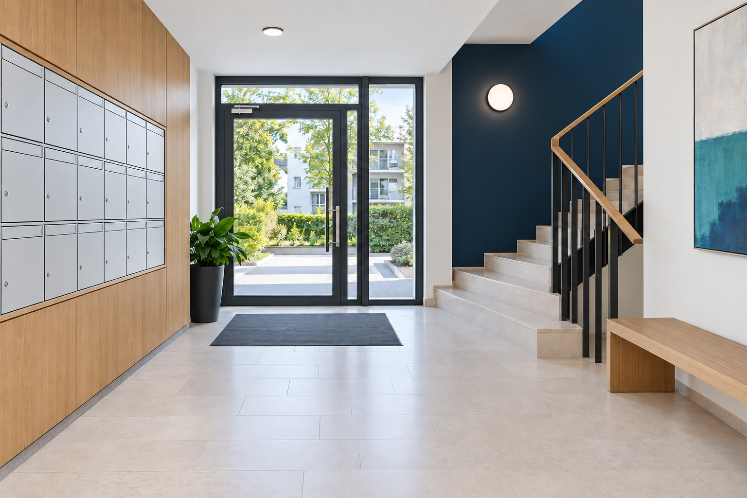 Illustration : Hall d’entrée propre et entretenu d’un immeuble résidentiel