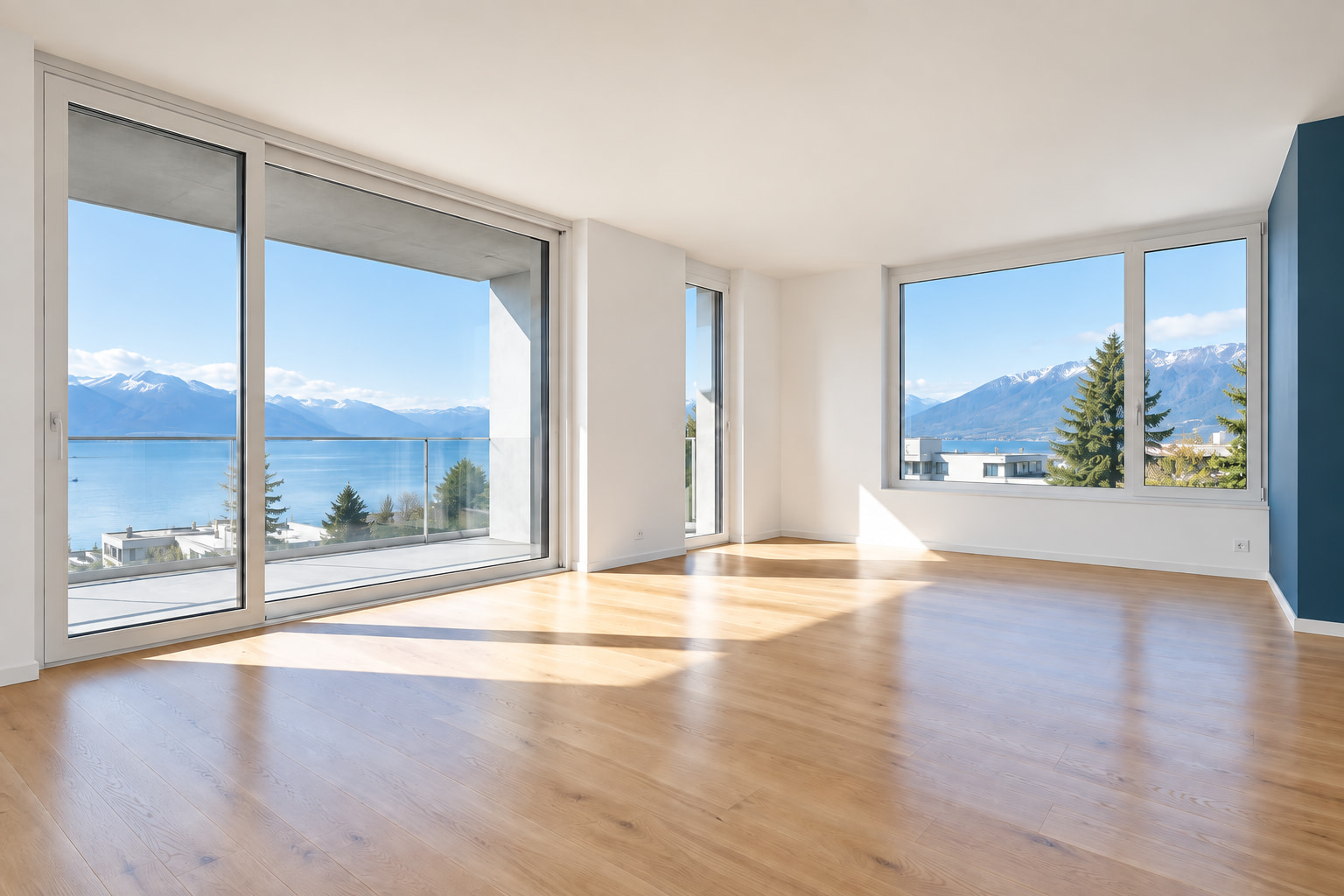 Illustration : Appartement lumineux avec parquet et grandes baies vitrées